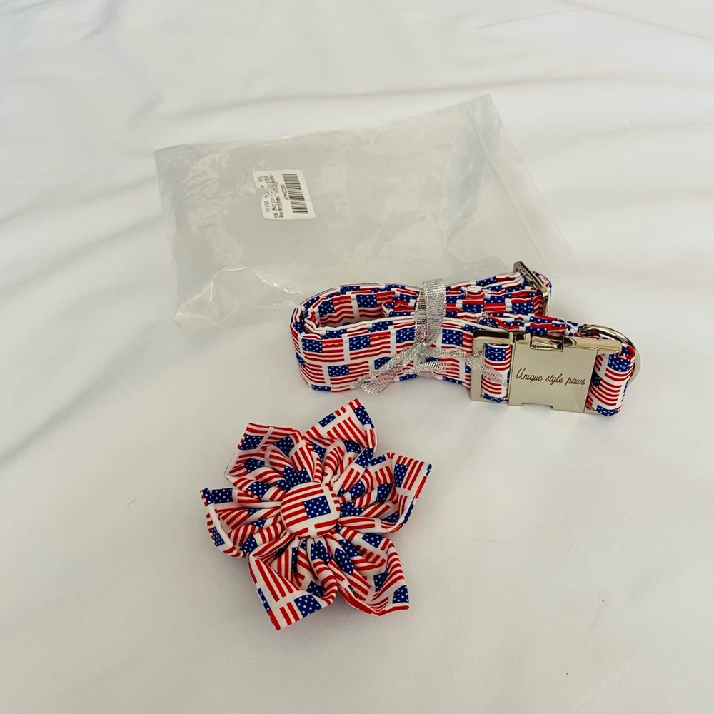 Unique Style Adjustable Dog Collar withFlower in American Flag Print New Sz. X-L
